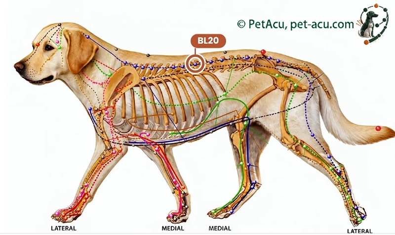 BL20 Pi Shu (脾俞) dog acupuncture point card showing its location on a canine meridian chart