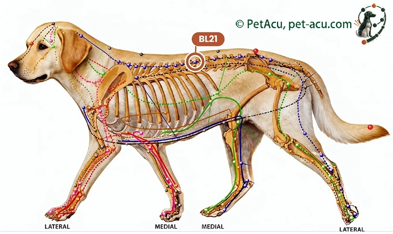 BL21 Wei Shu (胃俞) dog acupuncture point card showing its location on a canine meridian chart