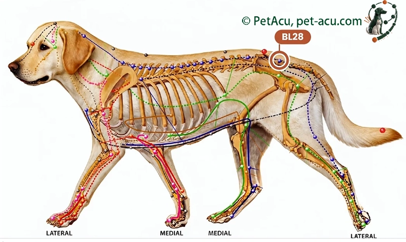 BL28 Pang Guang Shu (膀胱俞) Dog Acupuncture Point Card BL28 Pang Guang Shu (膀胱俞) dog acupuncture point card showing its location on a canine meridian chart