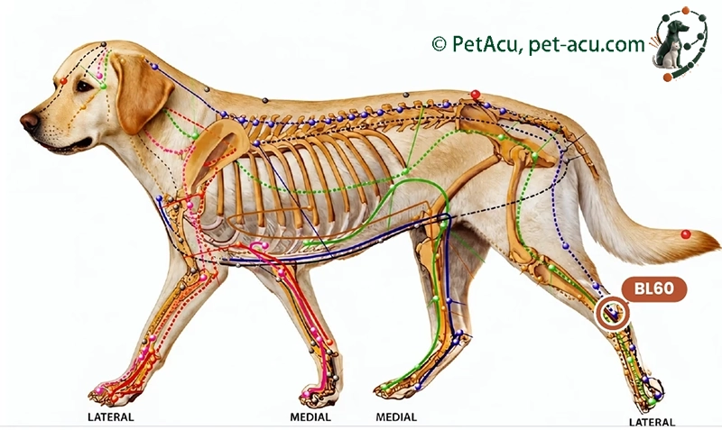 BL60 Kun Lun (昆仑) dog acupuncture point card showing its location on a canine meridian chart