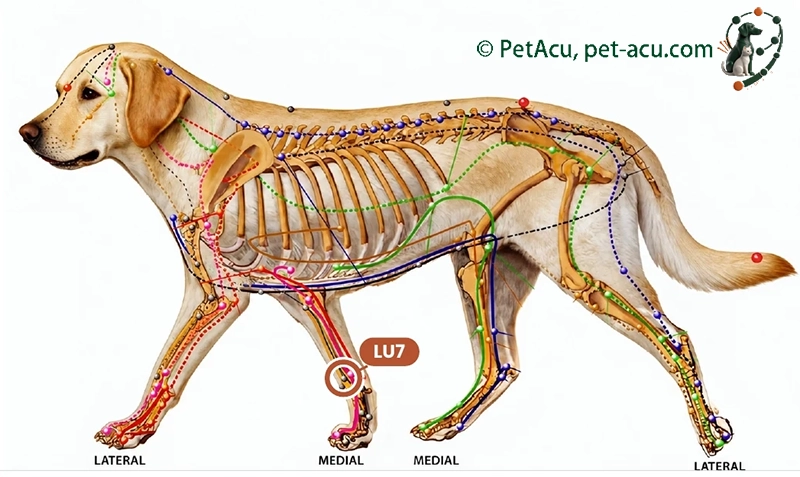 LU7 Lie Que (列缺) Dog Acupuncture Point Card LU7 Lie Que (列缺) dog acupuncture point card showing its location on a canine meridian chart