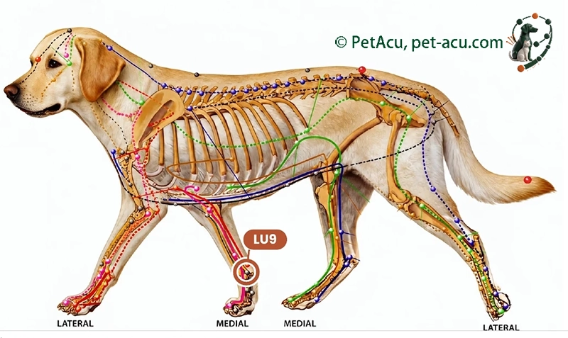 LU9 Tai Yuan (太渊) dog acupuncture point card showing its location on a canine meridian chart