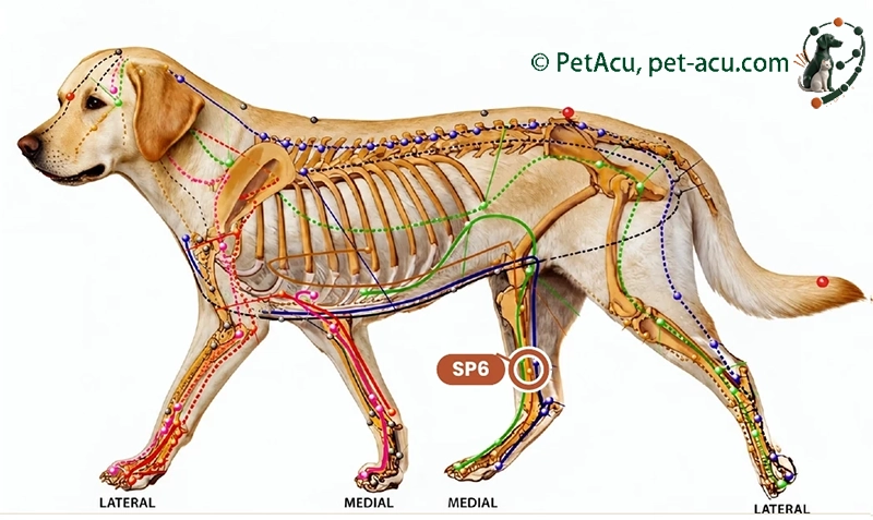 SP6 San Yin Jiao (三阴交) Dog Acupuncture Point Card SP6 San Yin Jiao (三阴交) dog acupuncture point card showing its location on a canine meridian chart